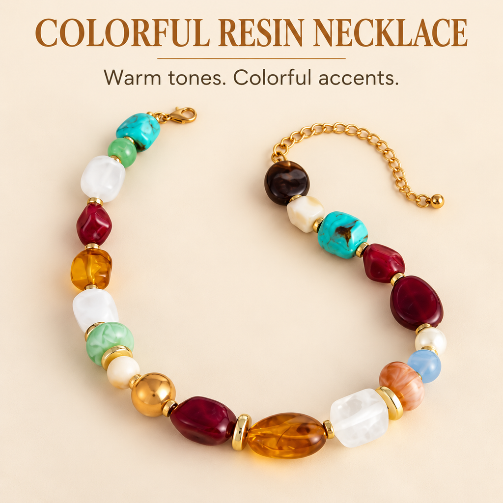 005 Colorful Chunky Beaded Necklace for Women Boho Irregular Resin Statement Necklace Adjustable Choker Necklace