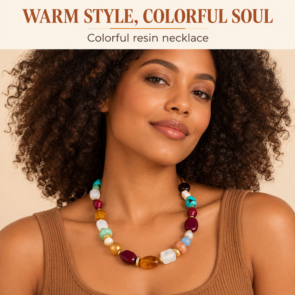 005 Colorful Chunky Beaded Necklace for Women Boho Irregular Resin Statement Necklace Adjustable Choker Necklace